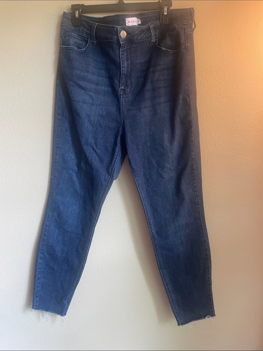 MS CELLO dark blue Stretch Jeans with frayed edge slim leg opening size 16